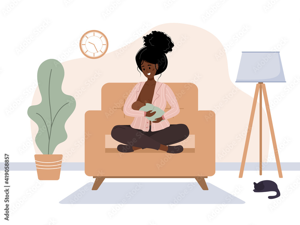 Breastfeeding concept. Young african mother sitting on armchair and nursing newborn baby. Natural feeding, happy motherhood. Vector illustration in flat cartoon style. Breastfeeding concept. Young african mother sitting on armchair and nursing newborn baby. Natural feeding, happy motherhood. Vector illustration in flat cartoon style.