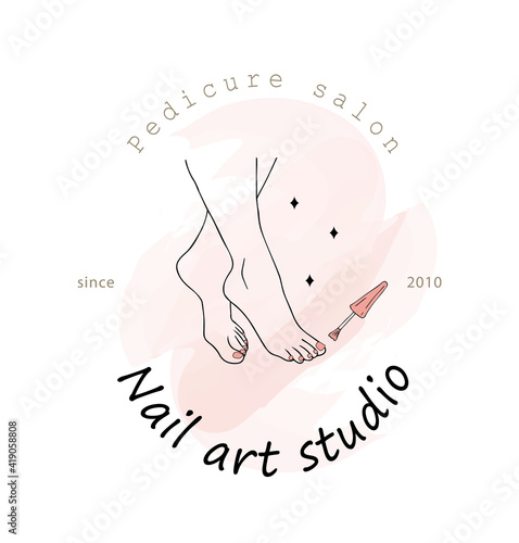 Vector logo template for nail art studio. Modern design for manicure and pedicure salon beauty and spa center. Linear illustration isolated on pink watercolor background.
