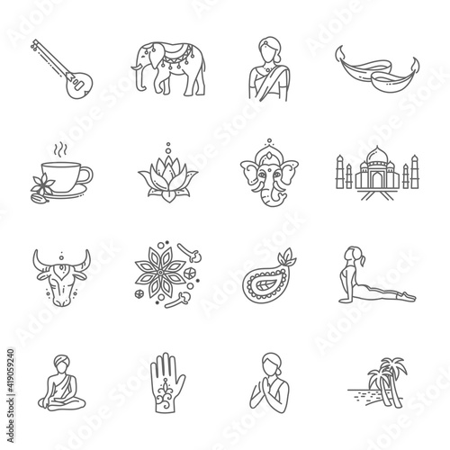 India vector thin line icon set - national symbols of India