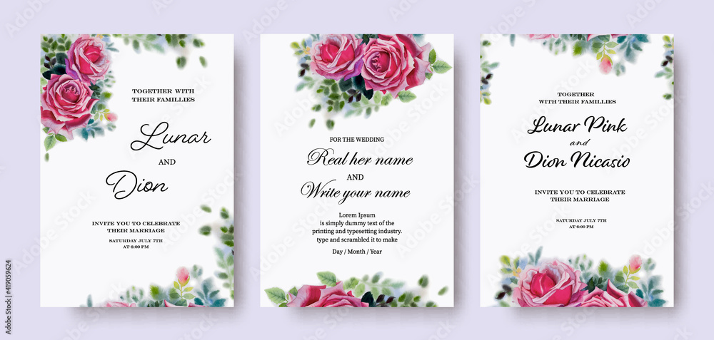 Wedding invitation card vintage set pink roses watercolor on white.