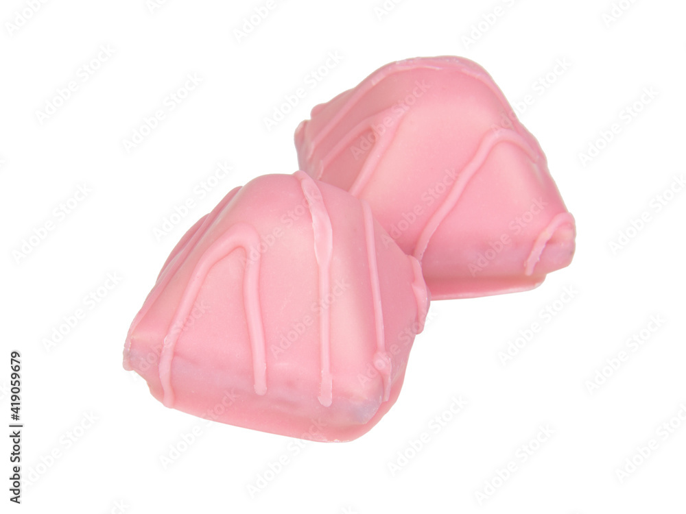 Pink chocolate waffle sweets isolated on the white background Pink chocolate waffle sweets isolated on the white background
