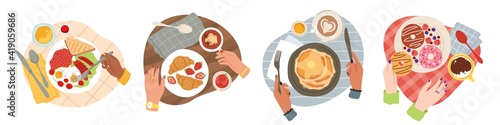 Breakfast hands. Top view morning healthy meals, gourmet brunch in bistro, english breakfast and pancakes, croissants and doughnuts. Cafe or restaurant food vector trendy cartoon concept