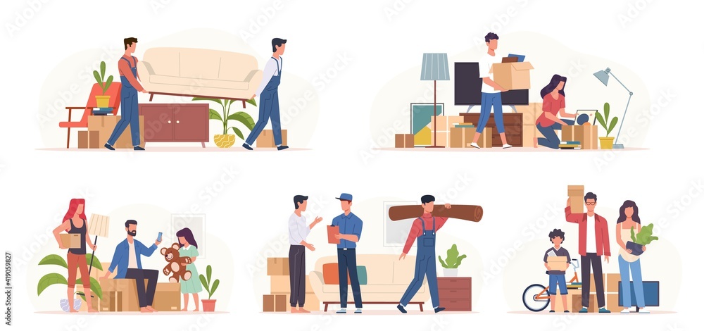 People moving home. Families preparing transporting in new apartment, sorting boxes, movers carry furniture, items packing, transportation service, relocating concept vector cartoon scenes set
