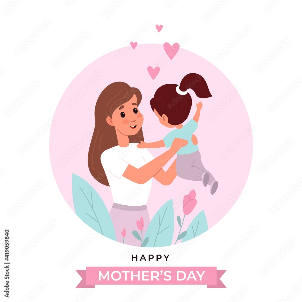Mothers day. Happy mom with little cute daughter greeting card, spring holiday poster template, woman holds and hugs child postcard, motherhood love and care. Vector cartoon flat concept Mothers day. Happy mom with little cute daughter greeting card, spring holiday poster template, woman holds and hugs child postcard, motherhood love and care. Vector cartoon flat concept