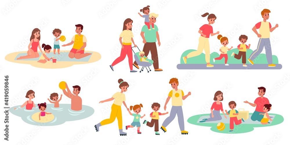 Family activities. Happy people and kids, outdoor spending time together, parents with children walking, beach and roller skates picnic and sport. Parenthood concept vector isolated set