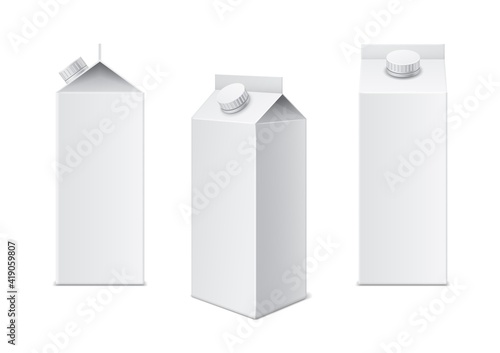 Realistic milk box. 3d white cardboard template for juice, milk and beverage package, different viewing angles drinks blank mockups. Closed container brand presentation vector set