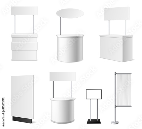 Realistic promotional stands. 3d white blank advertising counters, isolated blank events desks mockup, different designs models, clean empty promo tables with signboard vector set