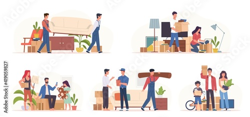 People moving home. Families preparing transporting in new apartment, sorting boxes, movers carry furniture, items packing, transportation service, relocating concept vector cartoon scenes set