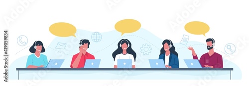 Customer support operators. Call center employees help clients, helpdesk concept office men and women with headset give professional advice. People answering to clients questions vector set