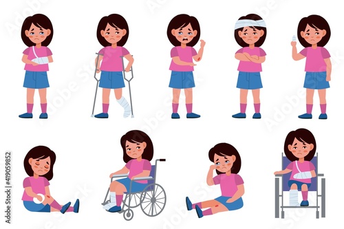 Girl with injury. Child character with wounds, traumatized kid, scratching fractures and wheelchair, physical damage. Medical treatment with bandages and plaster vector cartoon set
