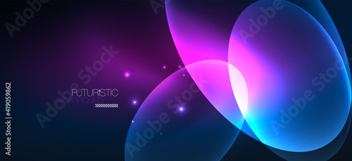 Neon ellipses abstract backgrounds. Shiny bright round shapes glowing in the dark. Vector futuristic illustrations for covers, banners, flyers and posters and other