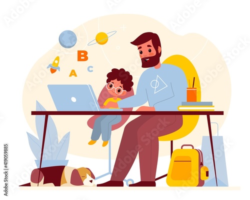 Teaching at home. Father helps son with homework, parent with child at computer table, kids online education, boy with dad learning, explain lesson, desk with laptop vector concept