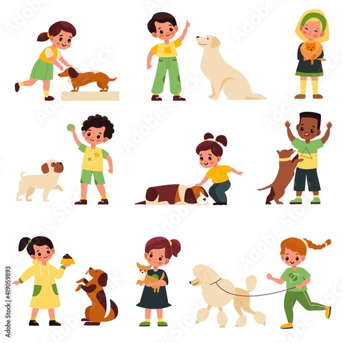 Kids with dogs. Children with different dog breeds poodle and labrador, pug and dachshund, little pet owners, boys and girls playing, feeding and care with animals vector cartoon set