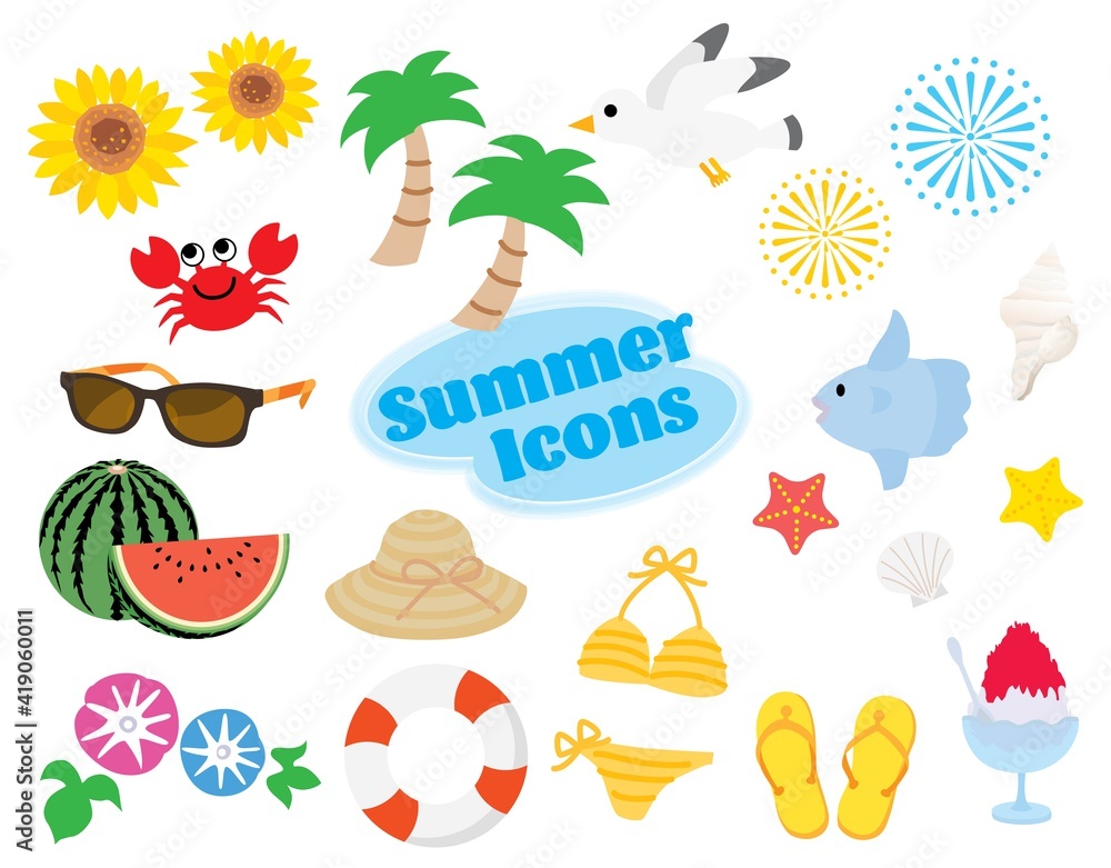 夏のイラストアイコンのセット 夏のイラストアイコンのセット