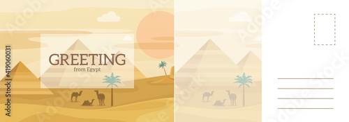 Greeting from Egypt travel card. Desert landscape with Egyptian pyramids and camels, African sand dunes panorama, tourism letter template, vector invitation postcard with copy space