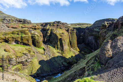 Deep canyon of Skogarfoss river at the Fimmvoerduhals hiking trail, Iceland
