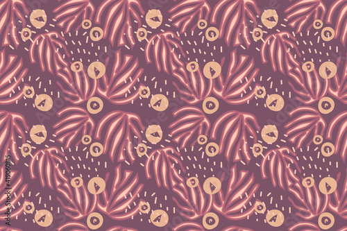 Ethnic boho seamless pattern with tropical leaves, and abstraction. Vector illustration in a trendy style and muted colors.
