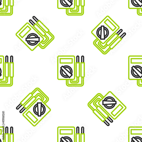 Line Ampere meter, multimeter, voltmeter icon isolated seamless pattern on white background. Instruments for measurement of electric current. Vector Illustration.