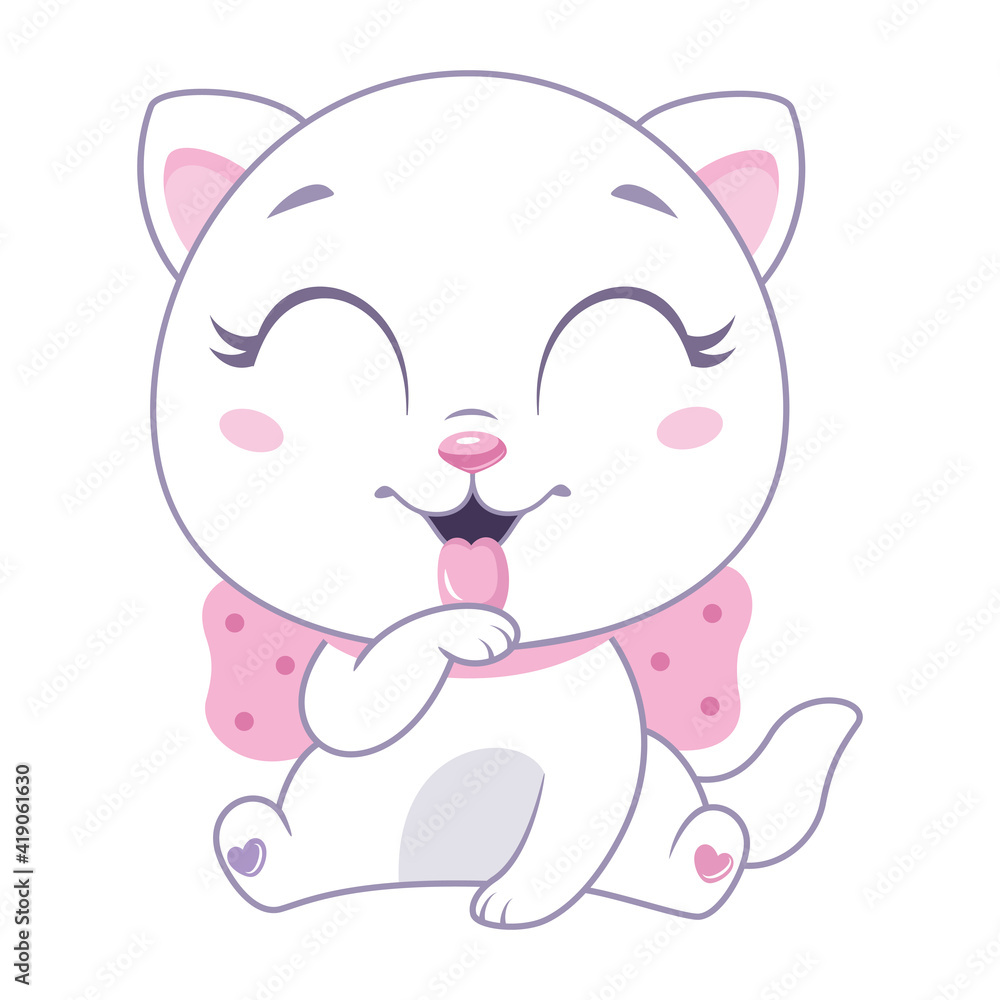 Little white cat washes, licking paw. Cartoon vector illustration