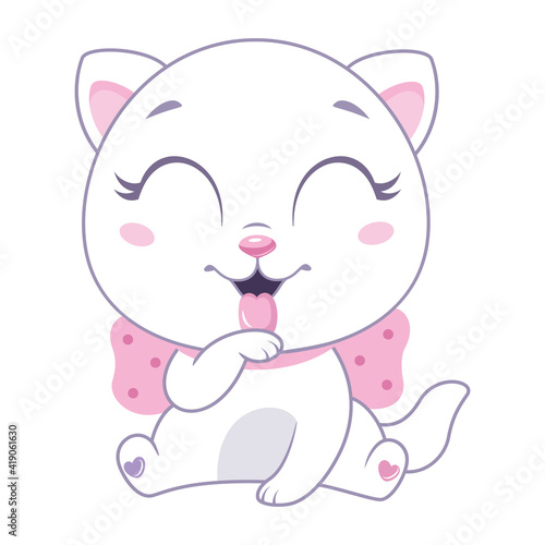 Little white cat washes, licking paw. Cartoon vector illustration