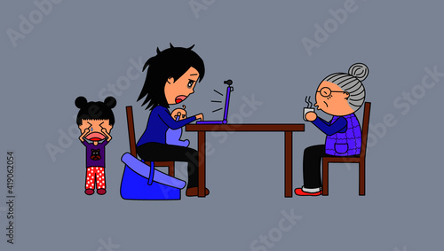 A tired mother working from home on a laptop at the kitchen table, while looking after many family members. She is holding a baby on lap, a young girl crying behind her and grandma drinking tea.