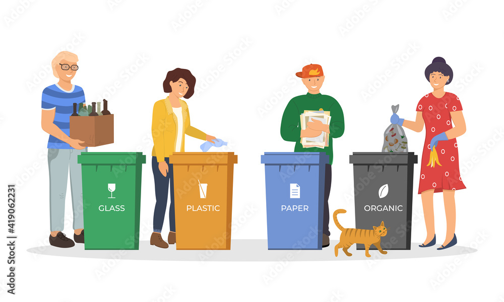 People sorting garbage for recycling. Responsible men and women standing near dustbin and utilize trash and rubbish in different containers for waste utilization. Environment and ecology eps concept People sorting garbage for recycling. Responsible men and women standing near dustbin and utilize trash and rubbish in different containers for waste utilization. Environment and ecology eps concept
