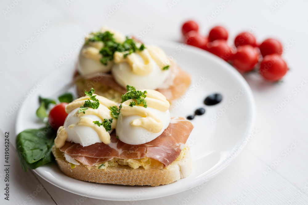 prosciutto dry hure ham with egg mayo dressing open bread sandwich with salad vegetables finger party food prosciutto dry hure ham with egg mayo dressing open bread sandwich with salad vegetables finger party food