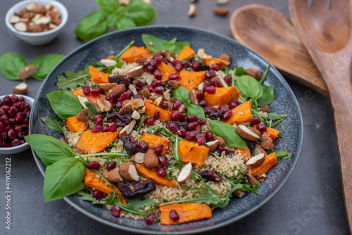 healthy home made couscous salad with sweet potato, beetroot and feta cheese