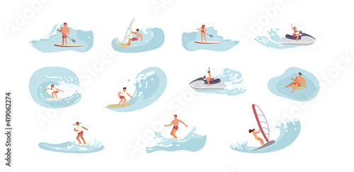 Bundle of water sports people. Men an women ride the Barreled Rushing Waves or floating on paddle board. Happy characters isolated on white background. Flat Art Vector illustration
