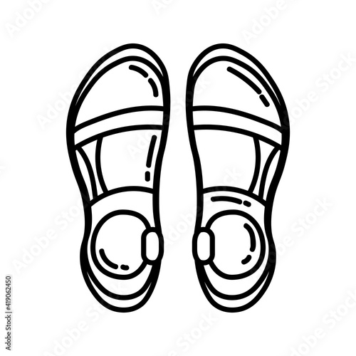 Pair of trekking sandals flat line icon. Camping or hiking element vector isolated image on white background. Glyph pictogram for web, mobile and infographics