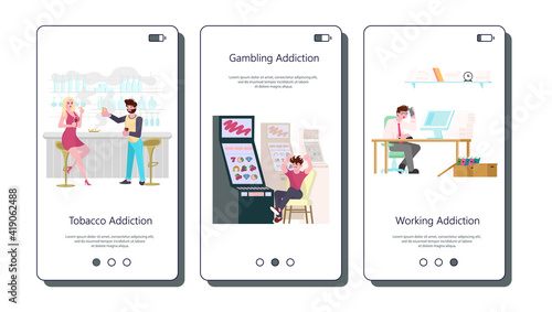 Set of vector touch screen for unhealthy addiction lifestyle, alcoholism, nicotine addiction, game and food addiction. Flat Art Vector illustration