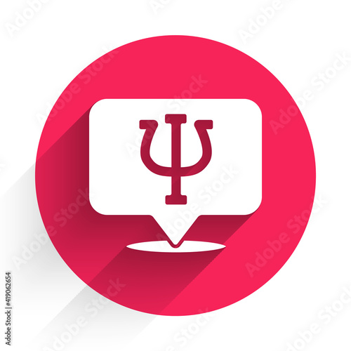 White Psychology icon isolated with long shadow. Psi symbol. Mental health concept, psychoanalysis analysis and psychotherapy. Red circle button. Vector.