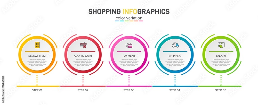 Concept of shopping process with 5 successive steps. Five colorful graphic elements. Timeline design for brochure, presentation, web site. Infographic design layout. Concept of shopping process with 5 successive steps. Five colorful graphic elements. Timeline design for brochure, presentation, web site. Infographic design layout.