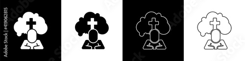 Set Man graves funeral sorrow icon isolated on black and white background. The emotion of grief, sadness, sorrow, death. Vector.