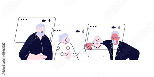 Video call connecting for keep social distancing. Elderly People have online meeting. Flat Art Vector illustration