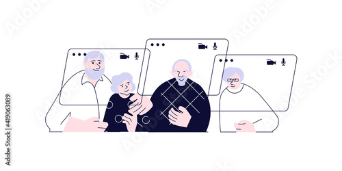 Video call connecting for keep social distancing. Elderly People have online meeting. Flat Art Vector illustration