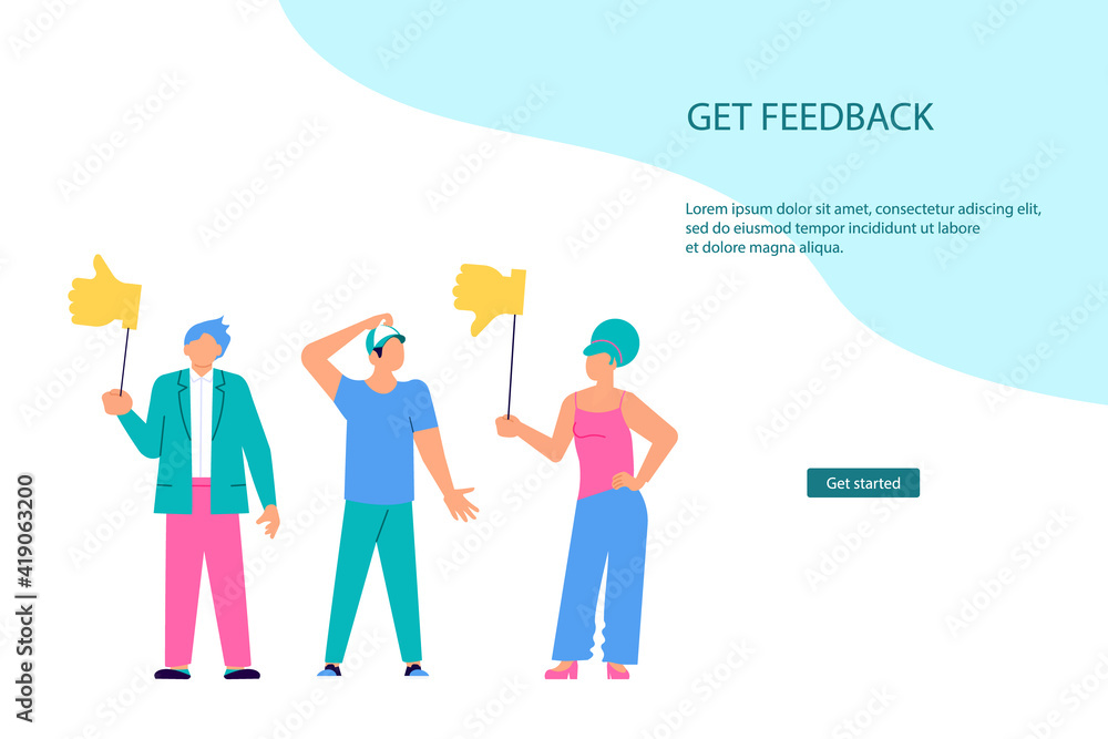 Landing webpage template Emotion feedback and satisfaction rating. Tiny people with different emotions signs giving their choice. Flat Art Vector illustration. Landing webpage template Emotion feedback and satisfaction rating. Tiny people with different emotions signs giving their choice. Flat Art Vector illustration.