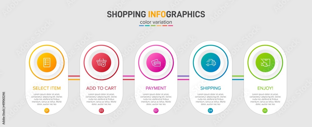 Concept of shopping process with 5 successive steps. Five colorful graphic elements. Timeline design for brochure, presentation, web site. Infographic design layout. Concept of shopping process with 5 successive steps. Five colorful graphic elements. Timeline design for brochure, presentation, web site. Infographic design layout.