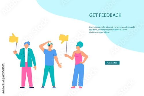 Landing webpage template Emotion feedback and satisfaction rating. Tiny people with different emotions signs giving their choice. Flat Art Vector illustration.
