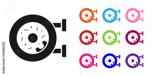 Black Donut with sweet glaze icon isolated on white background. Set icons colorful. Vector.