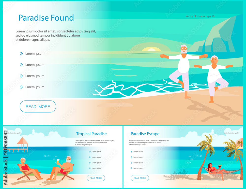 Set of Landing web page template with Summer beach landscape background. Holidays and vacations banner with Senior age couple family people on vacation. Flat Art Vector illustration.