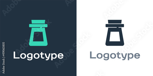 Logotype Bottle with potion icon isolated on white background. Flask with magic potion. Happy Halloween party. Logo design template element. Vector.