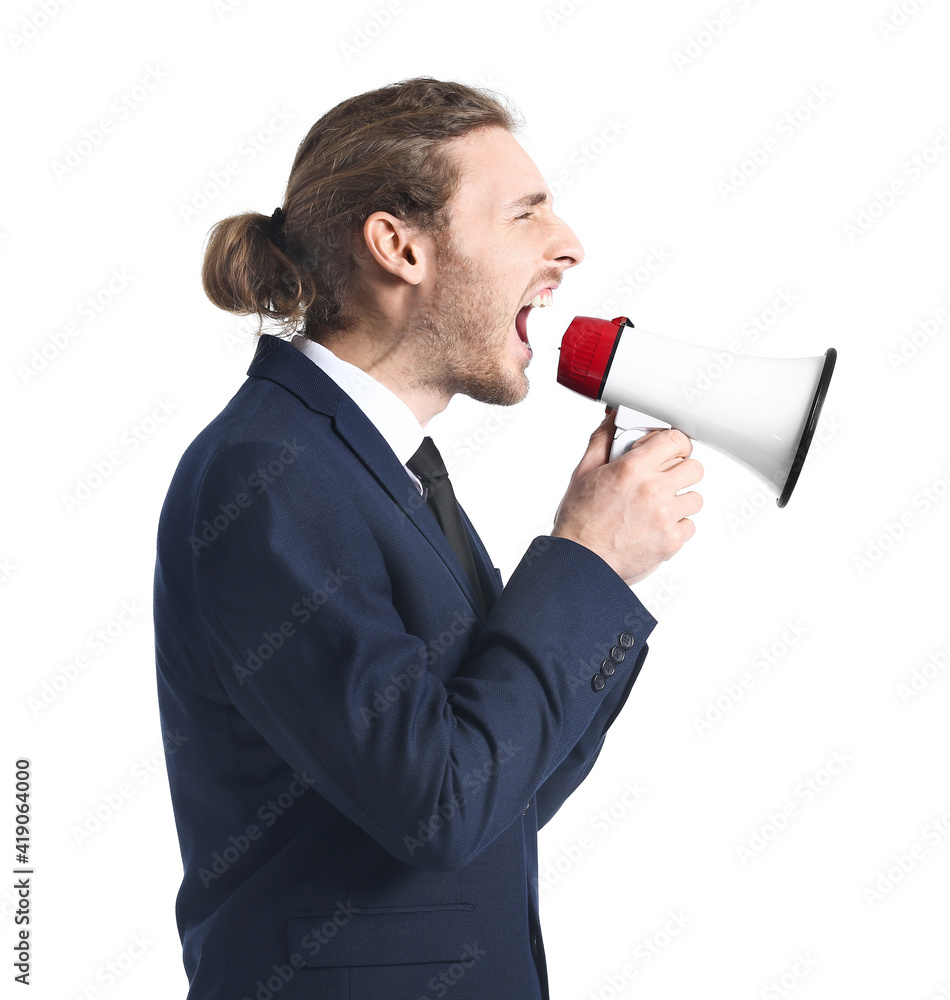 Stressed businessman with megaphone on white background Stressed businessman with megaphone on white background