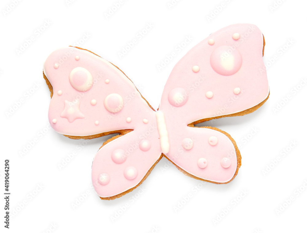Tasty Easter cookie in shape of butterfly on white background