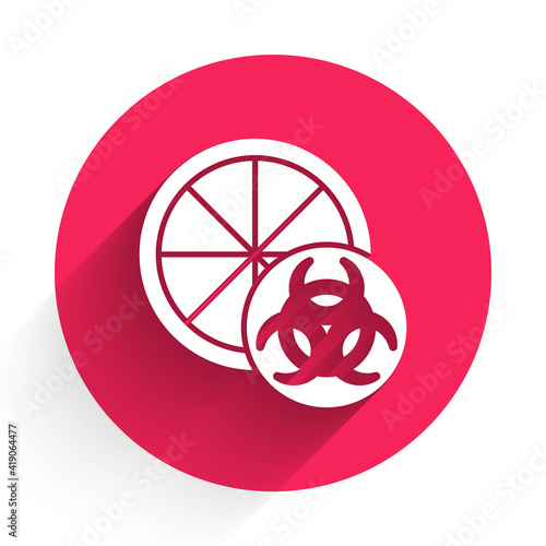 White Genetically modified citrus fruit icon isolated with long shadow. Orange in a cut. Healthy lifestyle. GMO fruit. Red circle button. Vector.