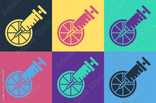 Pop art Genetically modified citrus fruit icon isolated on color background. Orange in a cut. Healthy lifestyle. GMO fruit. Vector.