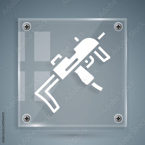 White MP9 submachine gun icon isolated on grey background. Automatic weapon. Square glass panels. Vector.
