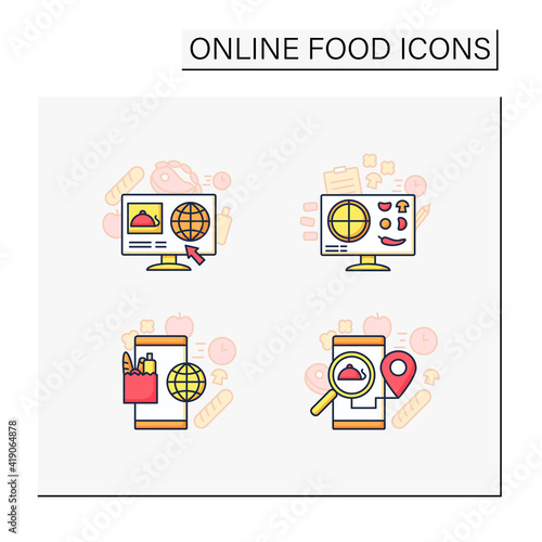 Online food color icons set. Dark store  pizza constructor online  food map  shopping. Shopping application. Isolated vector illustrations. Editable stroke