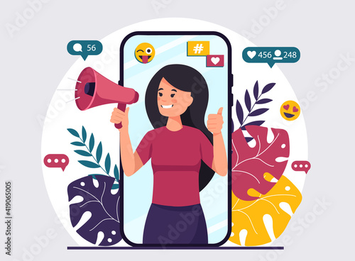 Female video blogger making announcements with a megaphone. Female blogger, healthy lifestyle, proper nutrition, weight loss