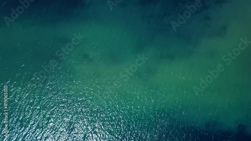 Drone shot of the colors of the water at Nahuel Huapi lake, near Puerto Blest